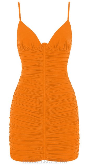 Herve Leger Orange Bustier Detail Ruched Dress
