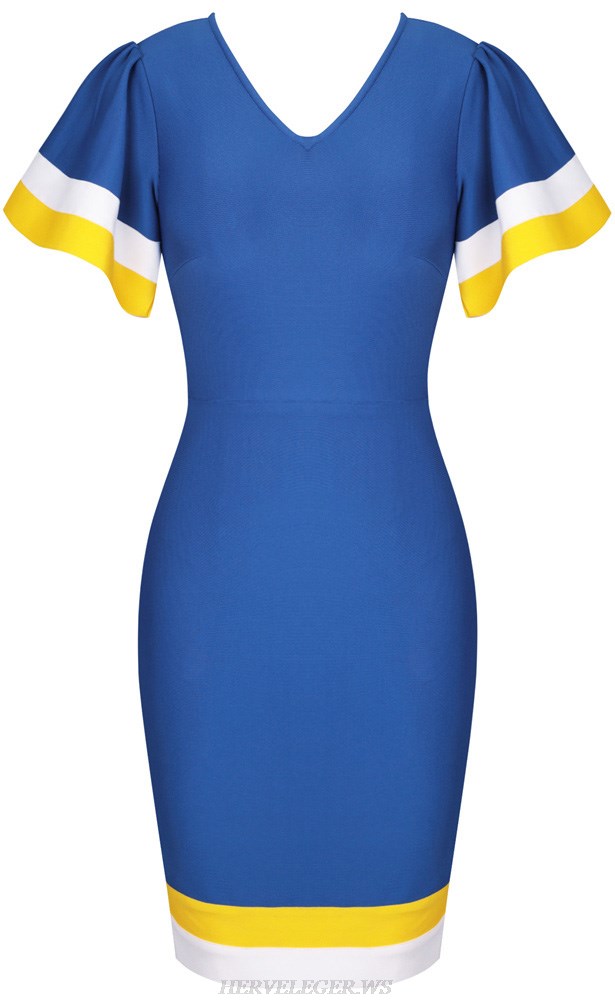 Herve Leger Blue Yellow White Butterfly Sleeve Dress