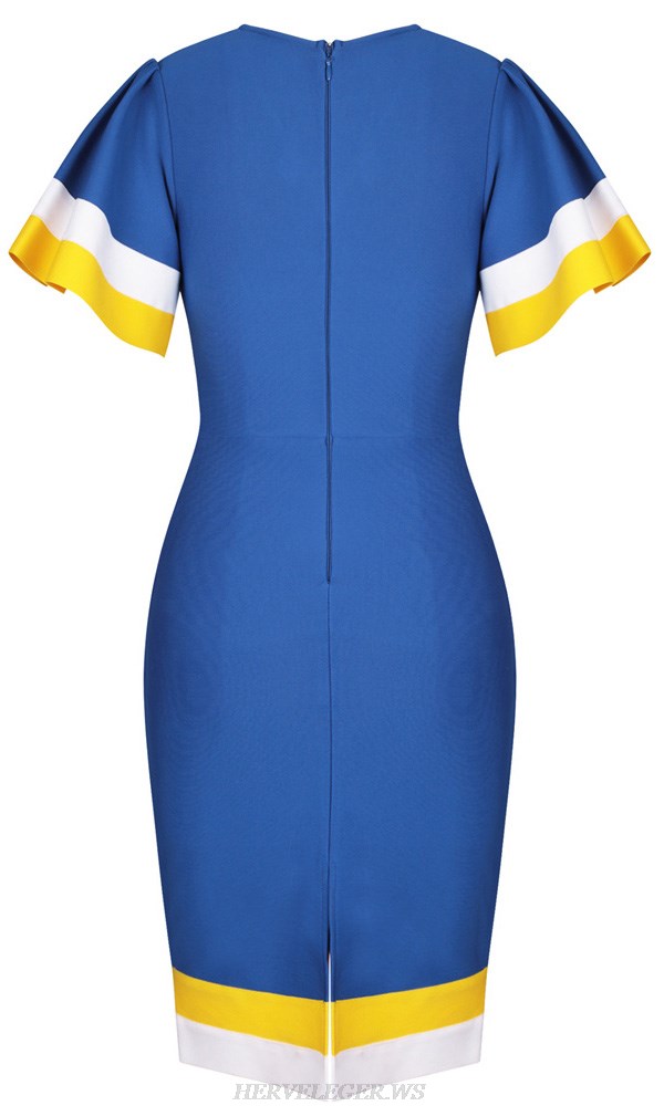 Herve Leger Blue Yellow White Butterfly Sleeve Dress