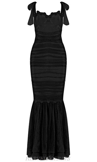 Herve Leger Black Crochet Bustier Ruched Mermaid Gown
