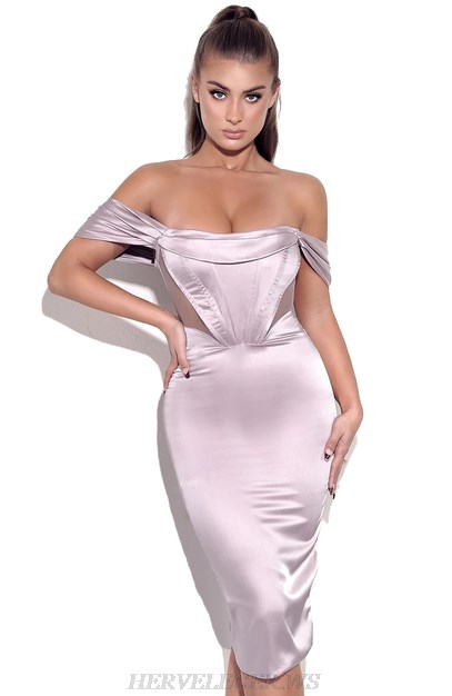 Herve Leger Draped Bardot Satin Dress Herve Leger Draped Bardot Satin Dress