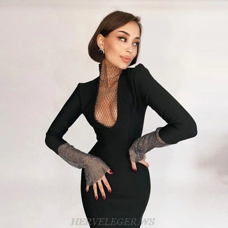 Herve Leger Black Embellished Panel Long Sleeve Dress