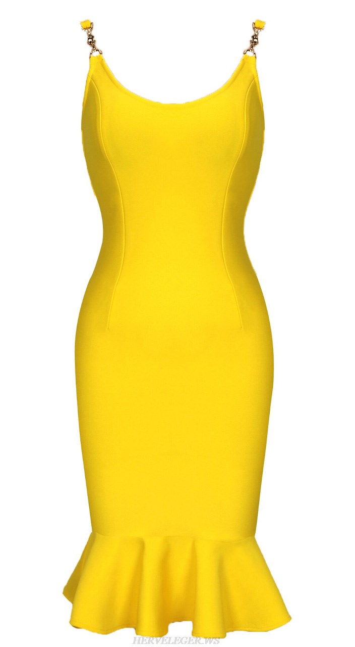 Herve Leger Yellow Embellished Straps Mermaid Dress