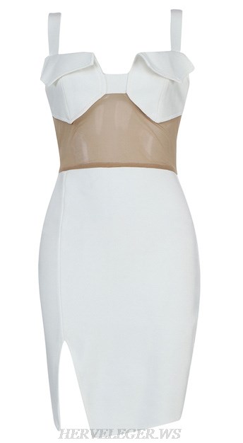 Herve Leger White Nude Folded Mesh Insert Dress