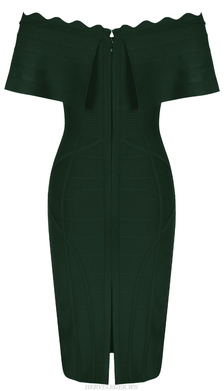 Herve Leger Green Frill Detail Bardot Dress