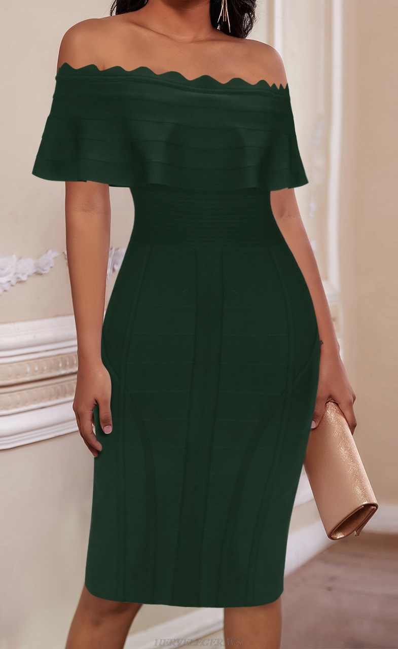 Herve Leger Green Frill Detail Bardot Dress