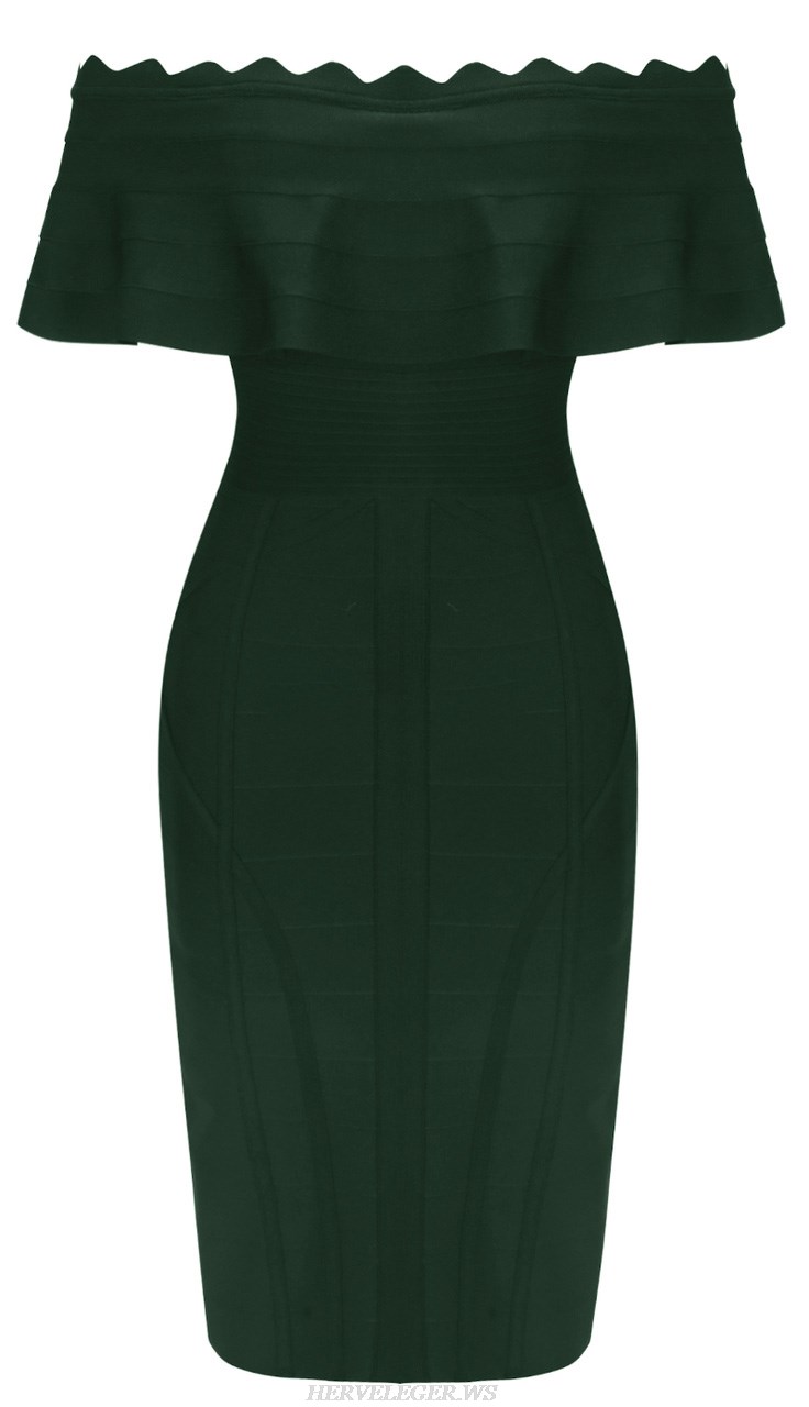 Herve Leger Green Frill Detail Bardot Dress