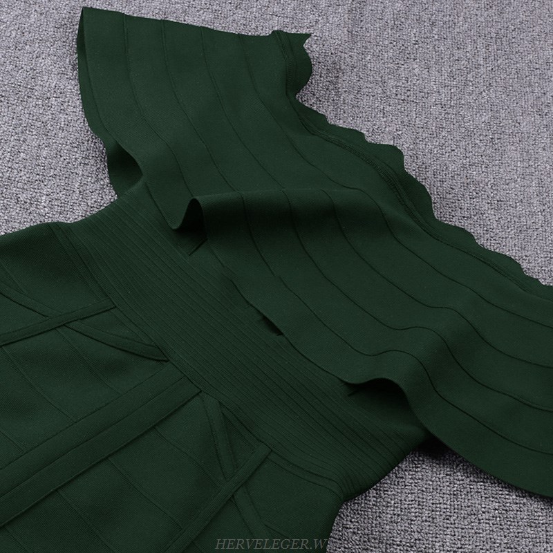 Herve Leger Green Frill Detail Bardot Dress