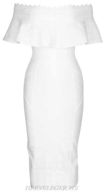 Herve Leger White Frill Detail Bardot Dress