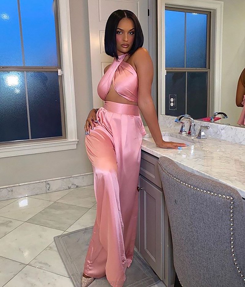 Herve Leger Coral Pink Halter Draped Satin Jumpsuit