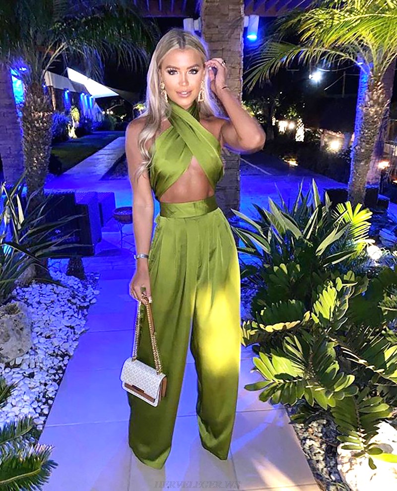 Herve Leger Green Halter Draped Satin Jumpsuit