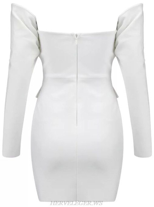 Herve Leger White Long Sleeve Bardot Structured Dress