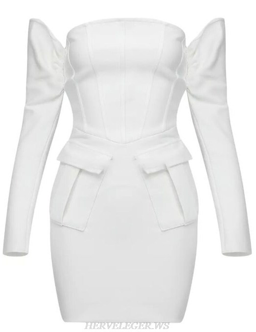 Herve Leger White Long Sleeve Bardot Structured Dress