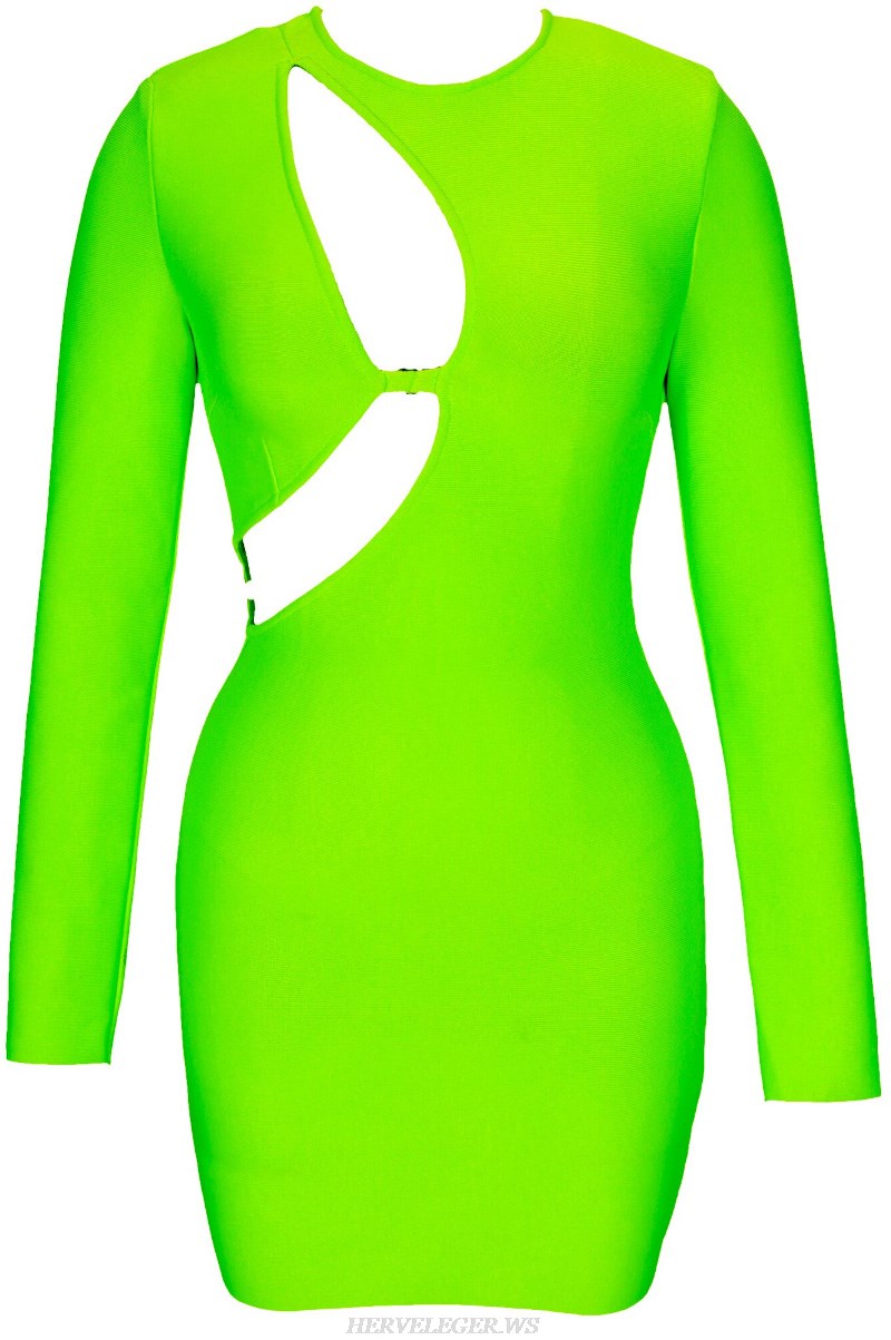 Herve Leger Neon Long Sleeve Cut Out Detail Dress