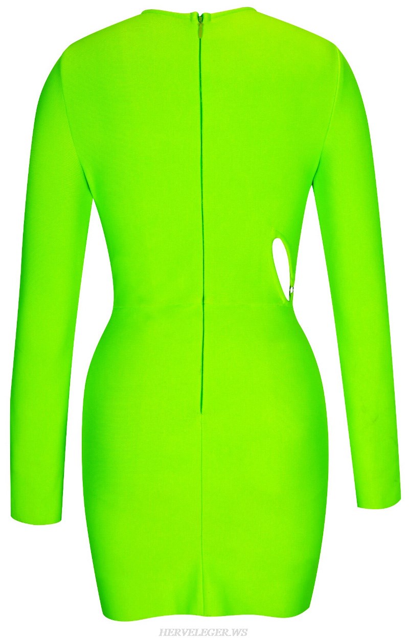 Herve Leger Neon Long Sleeve Cut Out Detail Dress