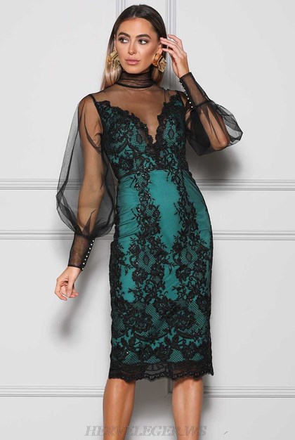 Herve Leger Black Green Long Sleeve Lace Dress
