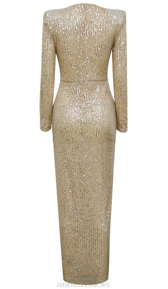 Herve Leger Gold Long Sleeve Sequin Draped Gown