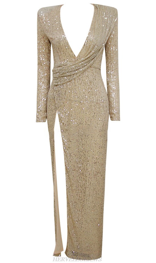 Herve Leger Gold Long Sleeve Sequin Draped Gown
