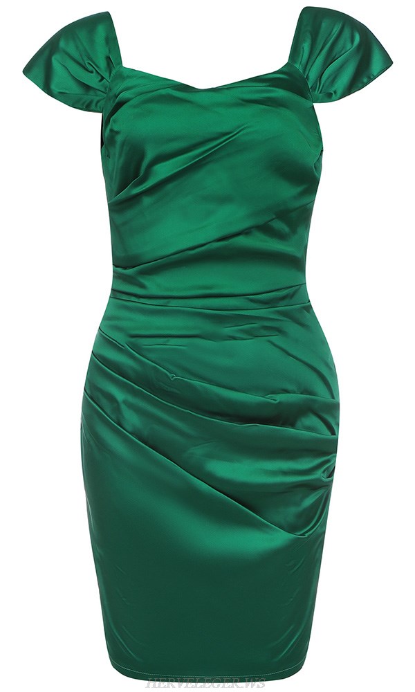Herve Leger Green Off The Shoulder Draped Dress