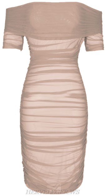 Herve Leger Nude Off The Shoulder Draped Mesh Dress