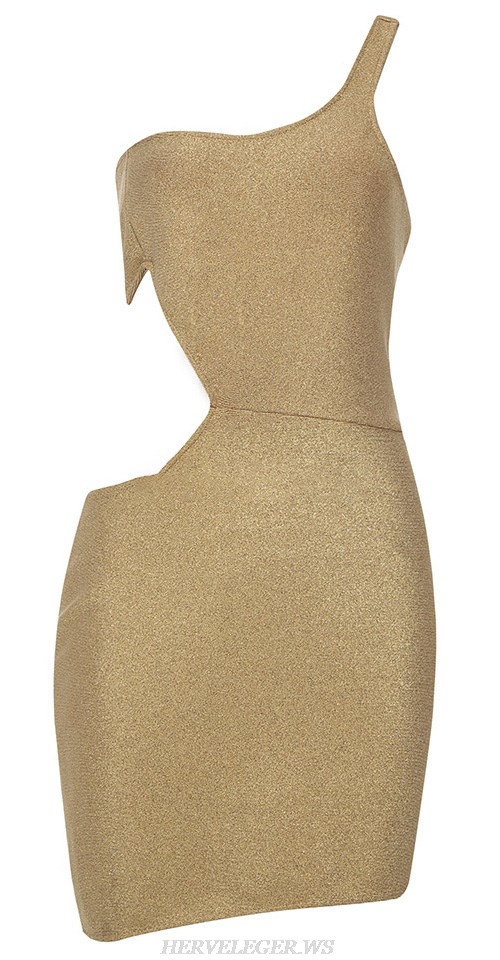 Herve Leger Golden Nude One Shoulder Asymmetric Dress