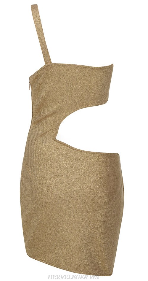 Herve Leger Golden Nude One Shoulder Asymmetric Dress