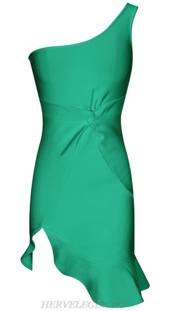 Herve Leger Green One Shoulder Fluted Dress