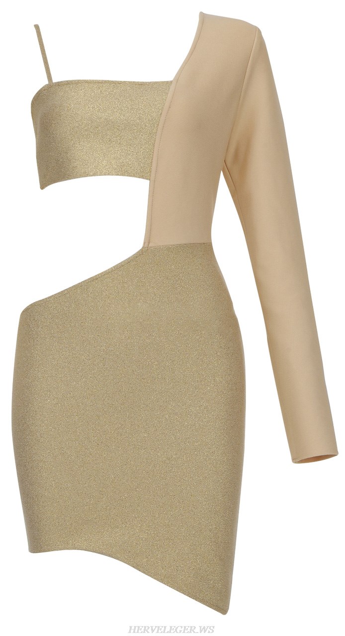 Herve Leger Nude Gold One Sleeve Asymmetric Dress