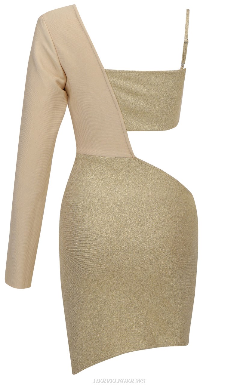 Herve Leger Nude Gold One Sleeve Asymmetric Dress
