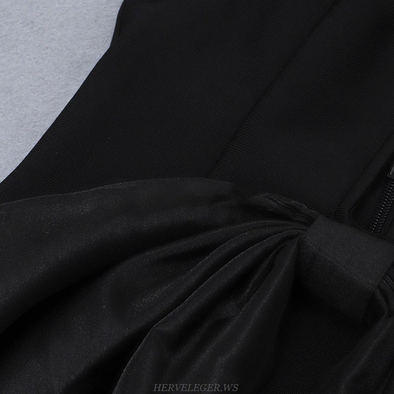 Herve Leger Black Plunge V Neck Bow Detail Dress
