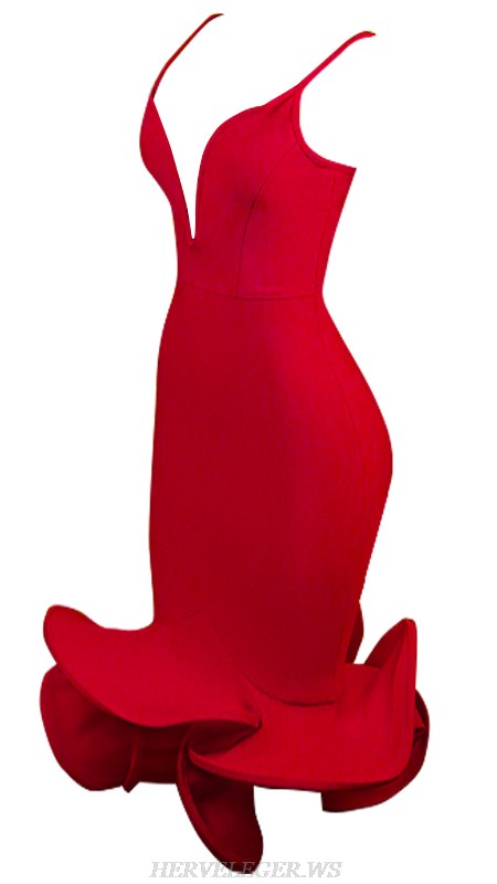 Herve Leger Red Plunge V Neck Fluted Dress
