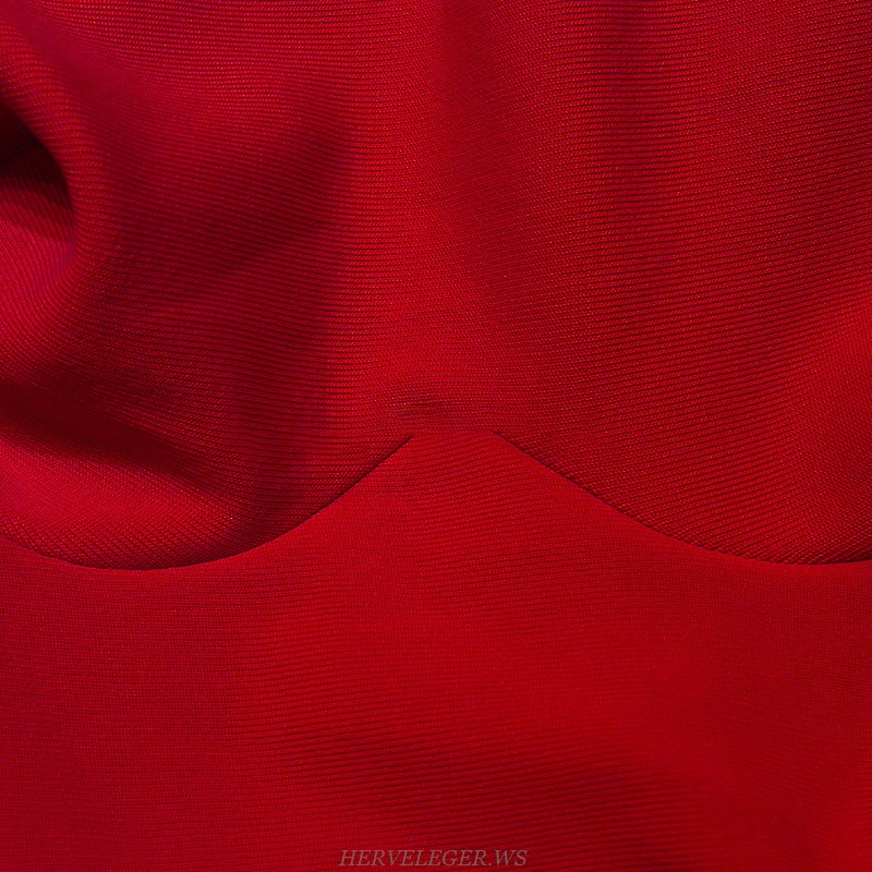 Herve Leger Red Plunge V Neck Fluted Dress