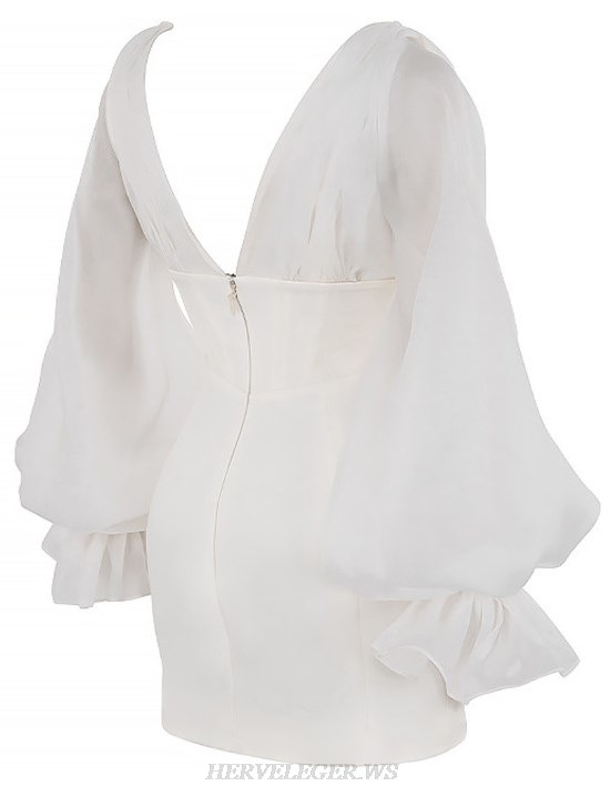 Herve Leger White Puff Sleeve Corset Dress