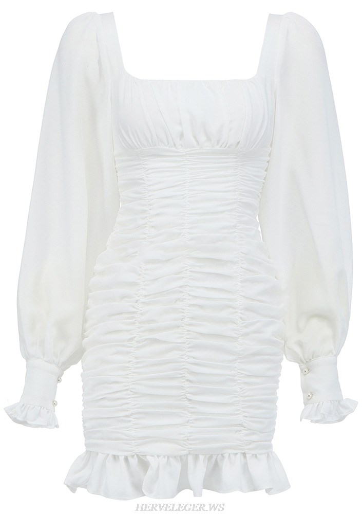 Herve Leger White Puff Sleeve Ruched Dress