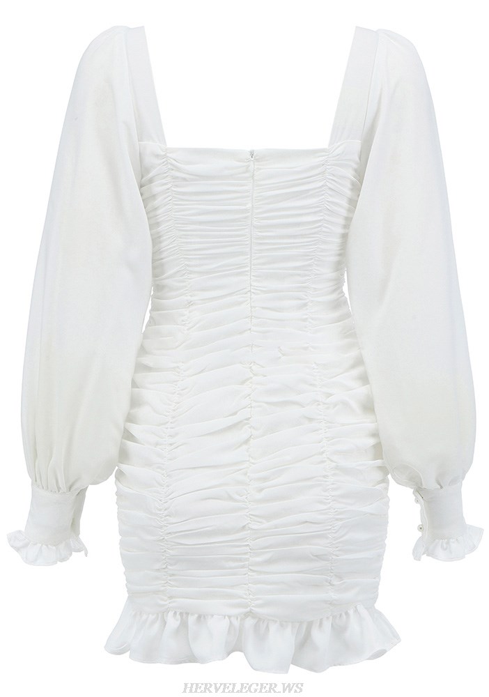 Herve Leger White Puff Sleeve Ruched Dress