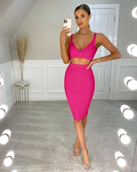 Herve Leger Pink Ribbed Two Piece Dress