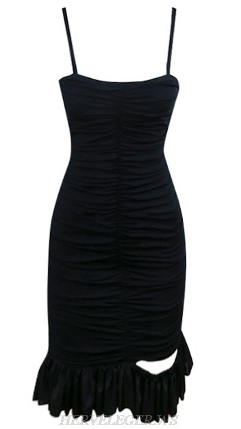 Herve Leger Black Ruched Cut Out Ruffle Dress
