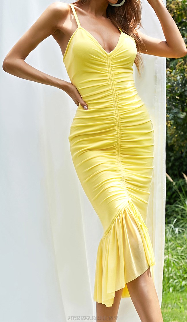 Herve Leger Yellow Ruched Mermaid Dress