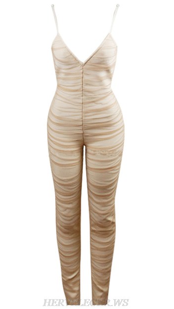 Herve Leger Nude Ruched Mesh Jumpsuit