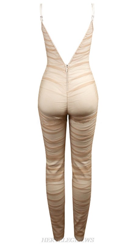 Herve Leger Nude Ruched Mesh Jumpsuit