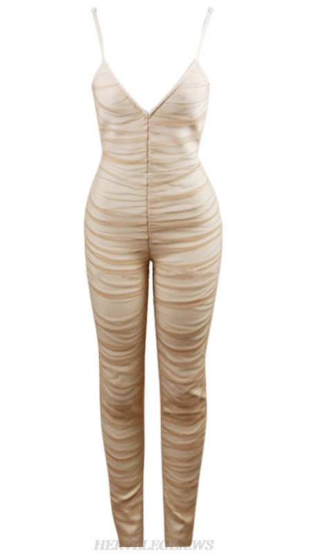 Herve Leger Nude Ruched Mesh Jumpsuit