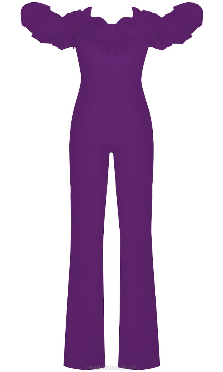 Herve Leger Purple Ruffle Bardot Jumpsuit