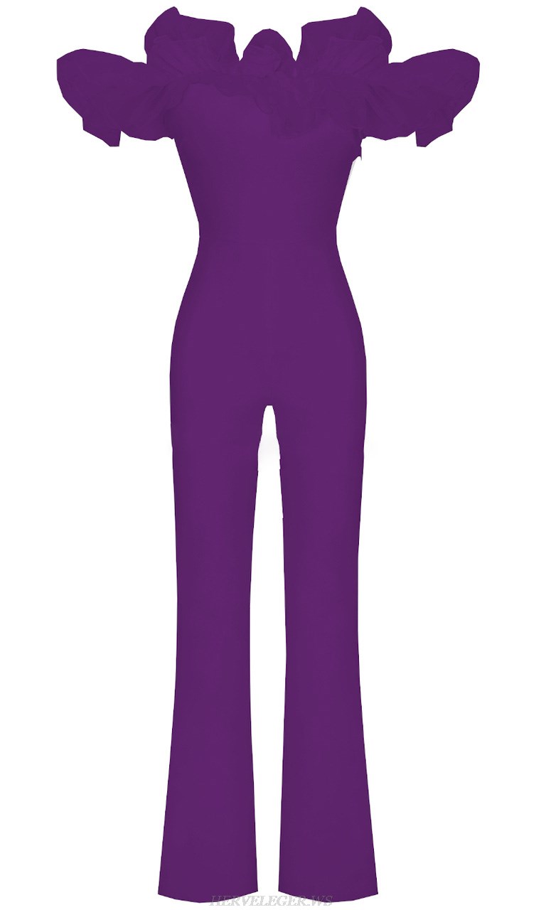 Herve Leger Purple Ruffle Bardot Jumpsuit