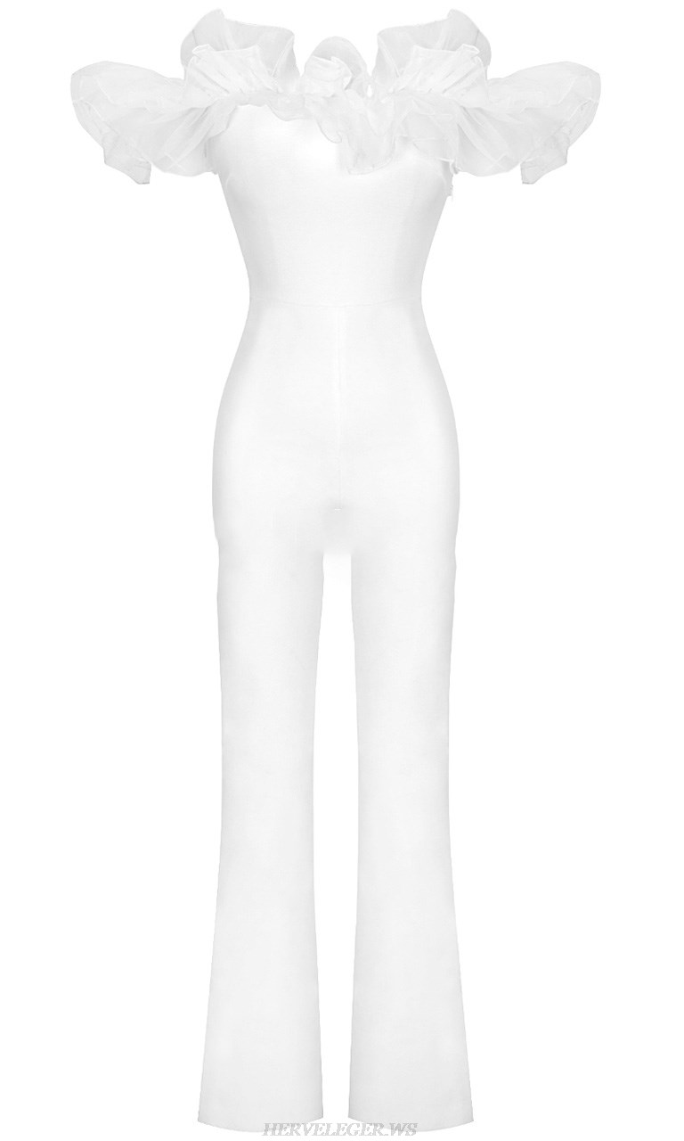 Herve Leger White Ruffle Bardot Jumpsuit