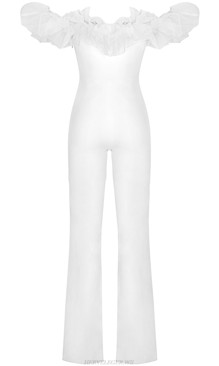 Herve Leger White Ruffle Bardot Jumpsuit