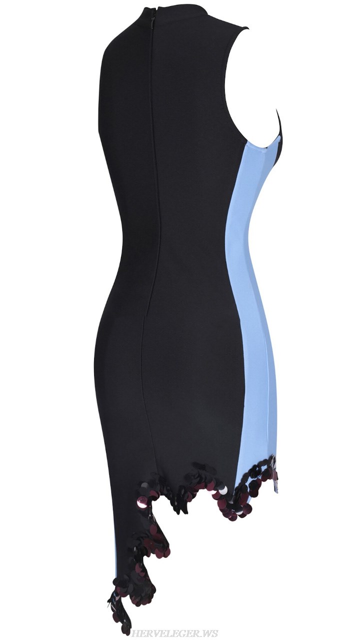Herve Leger Black Blue Sequin Asymmetric Dress