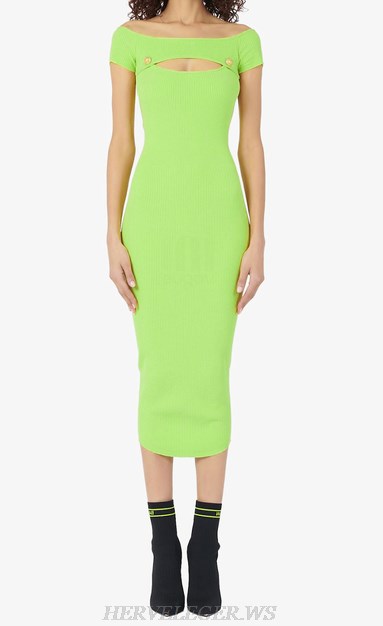 Herve Leger Green Short Sleeve Bardot Ribbed Dress Herve Leger Green Short Sleeve Bardot Ribbed Dress