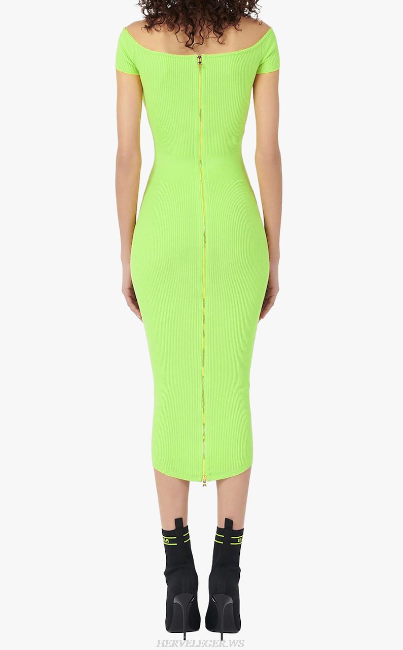 Herve Leger Green Short Sleeve Bardot Ribbed Dress
