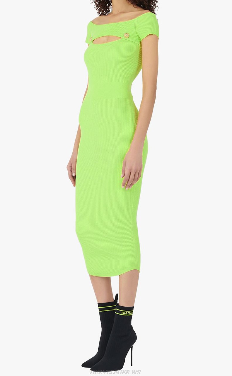Herve Leger Green Short Sleeve Bardot Ribbed Dress