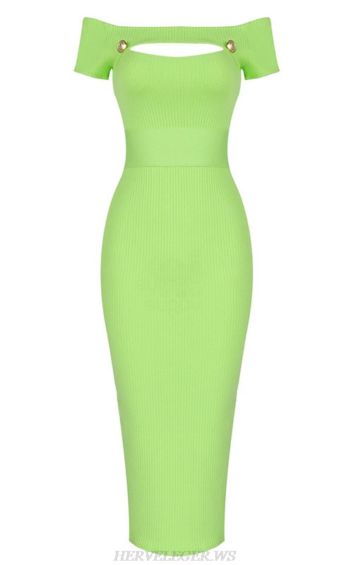Herve Leger Green Short Sleeve Bardot Ribbed Dress